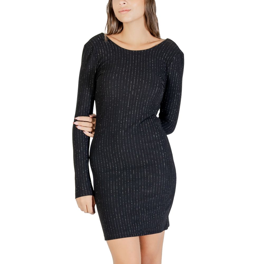 Dress by Jacqueline De Yong for women in stretch polyester & lurex black & striped showcases a striking silhouette, elegantly detailed with a , refined , and a striking short for a striking finish.
