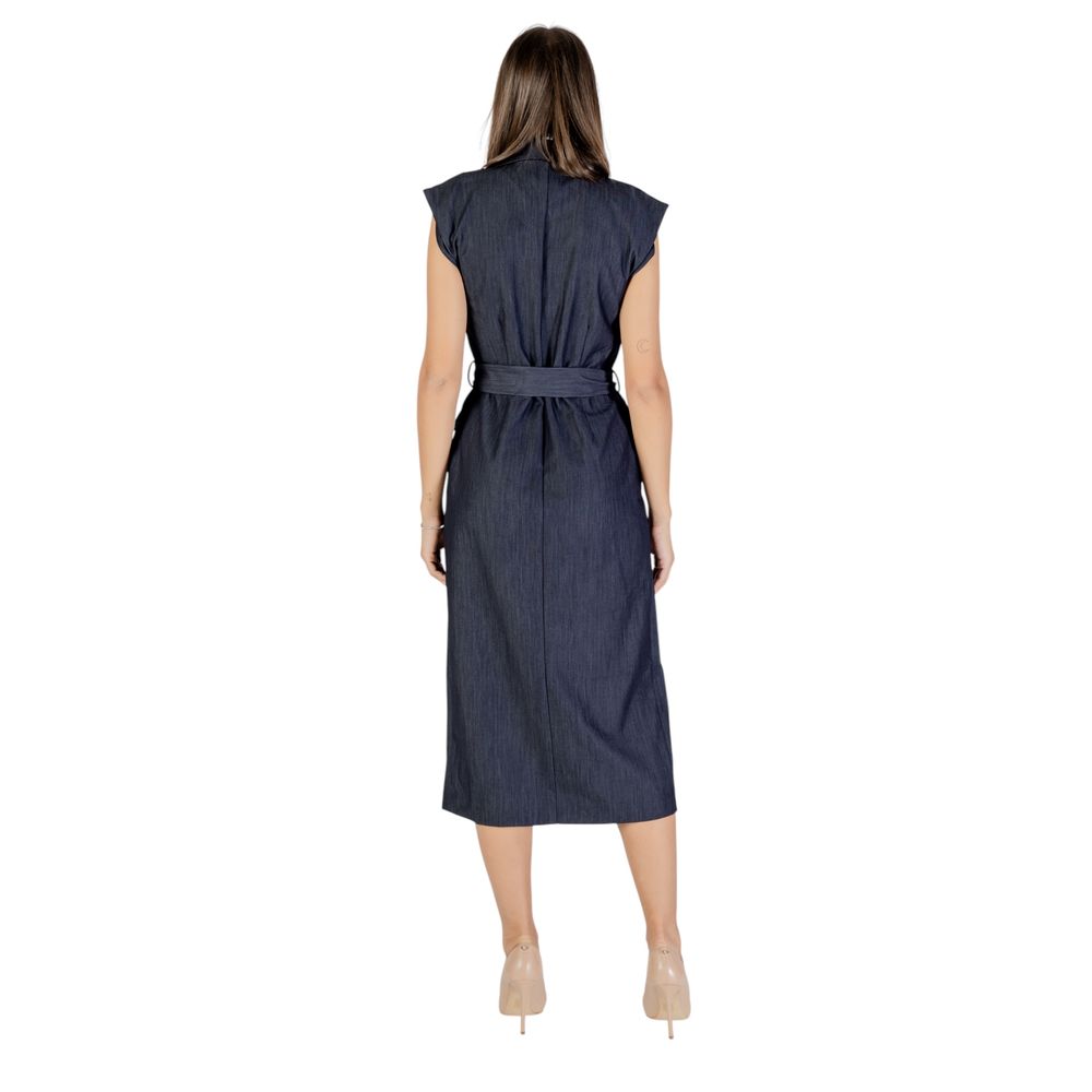 Dress by ICHI for women in stretch polyester & viscose blue features a dramatic silhouette, showcasing an elegant lapel notch-lapel neckline and that flows into a dramatic midi long.