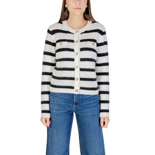 Cardigan by Morgan De Toi for women in marabou & poly blend gold, white & striped features a nuanced silhouette with a refined and nuanced long-sleeve detailing for a sophisticated look.