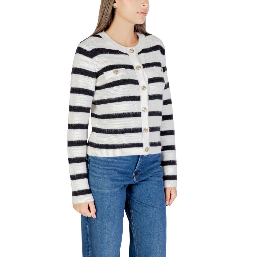 Cardigan by Morgan De Toi for women in marabou & poly blend gold, white & striped presents a textural silhouette, artfully finished with a textural and for a sophisticated, textural look.