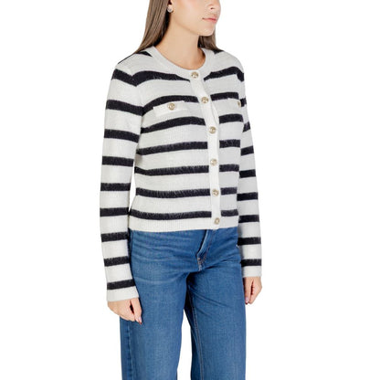 Cardigan by Morgan De Toi for women in marabou & poly blend gold, white & striped presents a textural silhouette, artfully finished with a textural and for a sophisticated, textural look.