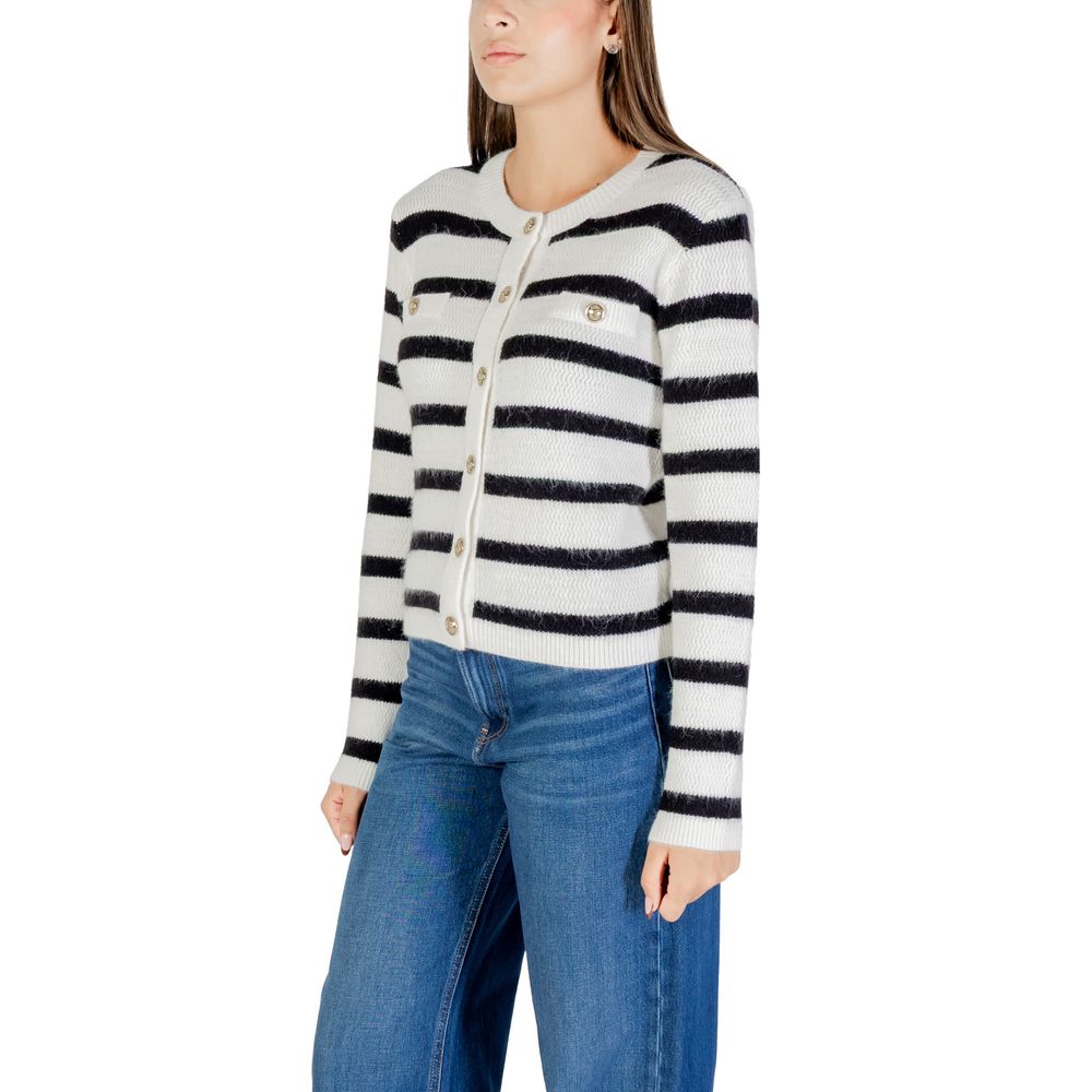 Cardigan by Morgan De Toi for women in marabou & poly blend gold, white & striped showcases a captivating silhouette, artfully detailed with a captivating and for a truly sophisticated captivating look.