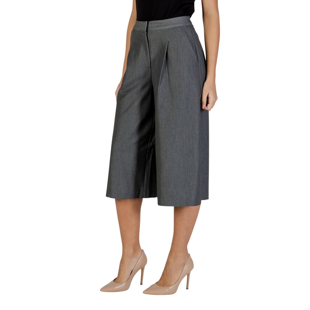 ICHI Women's Wide Cropped Calf Leather & Stretch Viscose Trousers - Gray