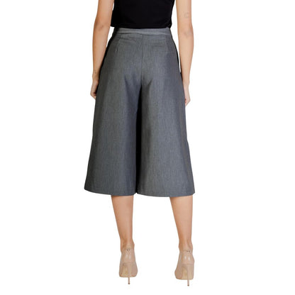 ICHI Women's Wide Cropped Calf Leather & Stretch Viscose Trousers - Gray