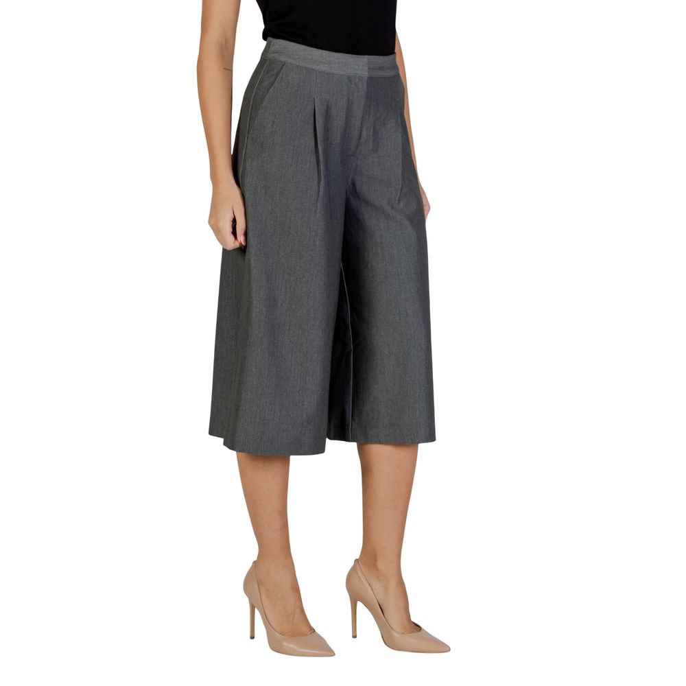 ICHI Women's Wide Cropped Calf Leather & Stretch Viscose Trousers - Gray