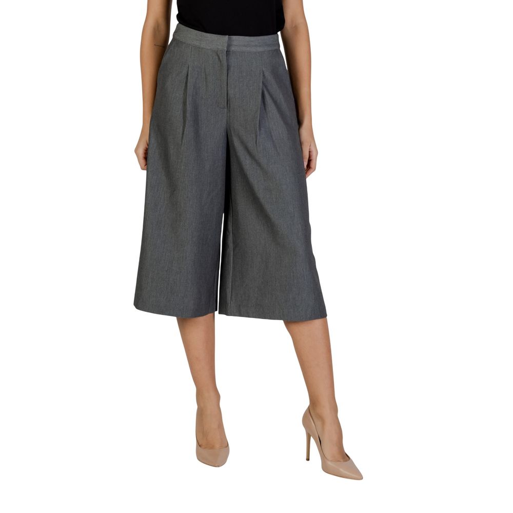ICHI Women's Wide Cropped Calf Leather & Stretch Viscose Trousers - Gray