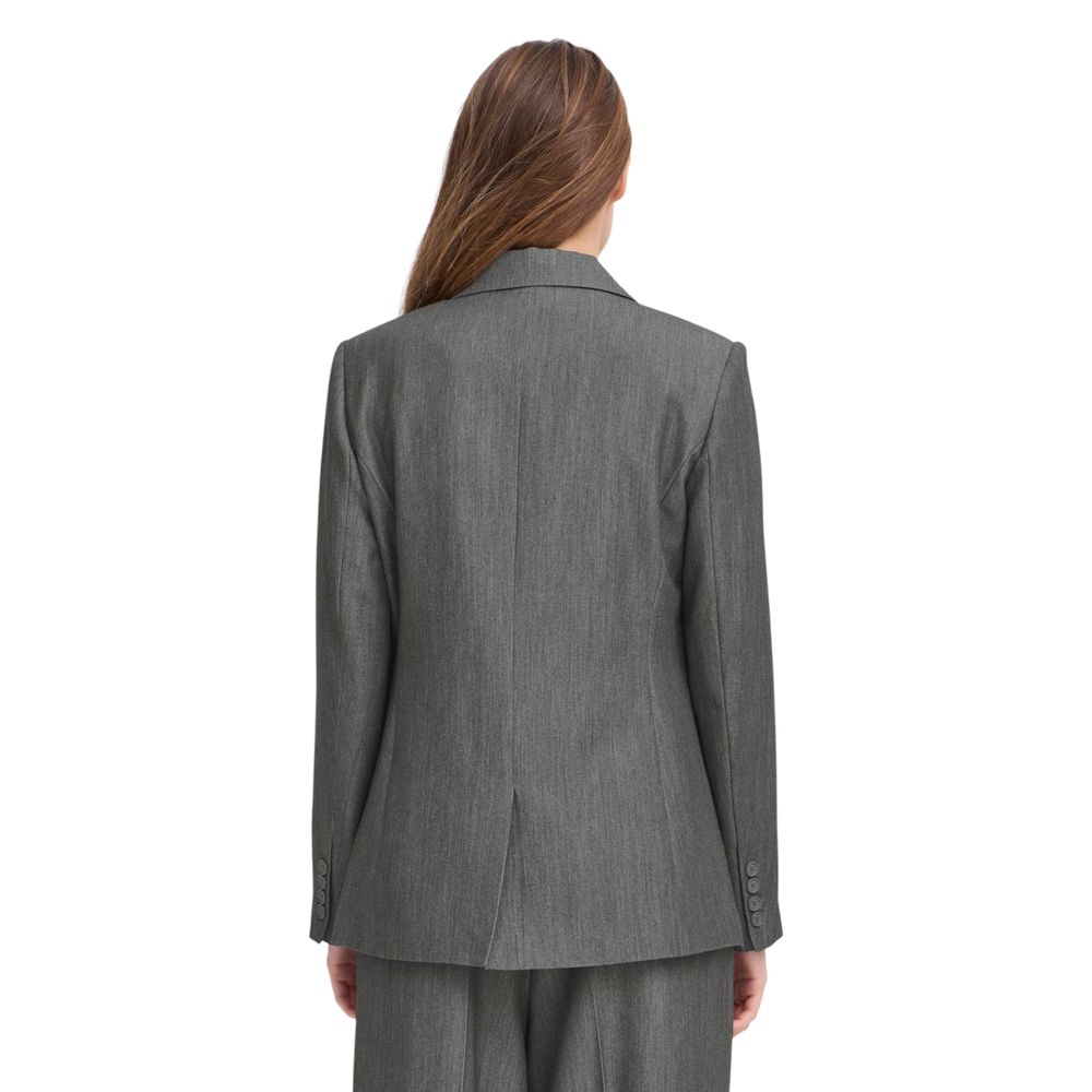 Blazer by ICHI for women in stretch polyester & viscose gray features an stylish silhouette, showcasing a sophisticated lapel neckline and stylish for a truly stylish finish.