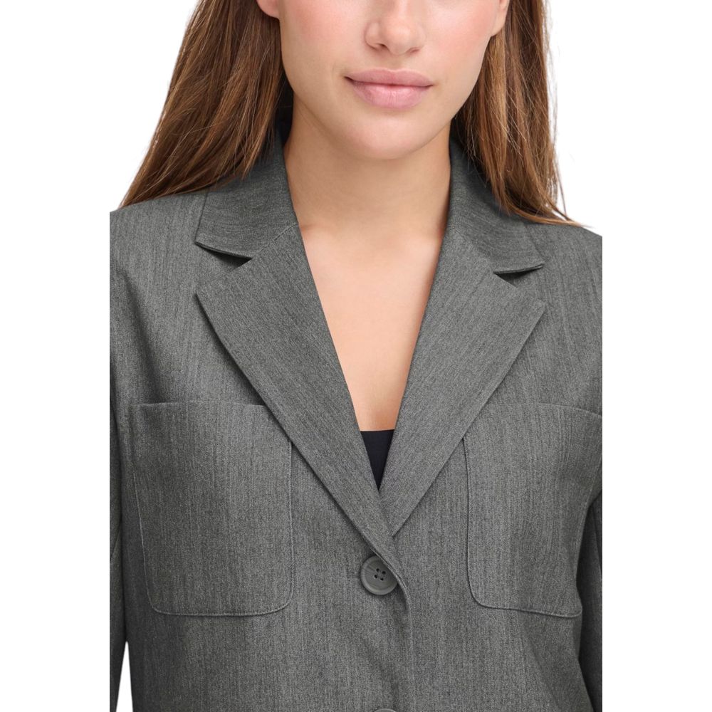 Blazer by ICHI for women in stretch polyester & viscose gray showcases a discerning silhouette, elegantly detailed with a sophisticated lapel neckline and premium for a truly discerning finish.