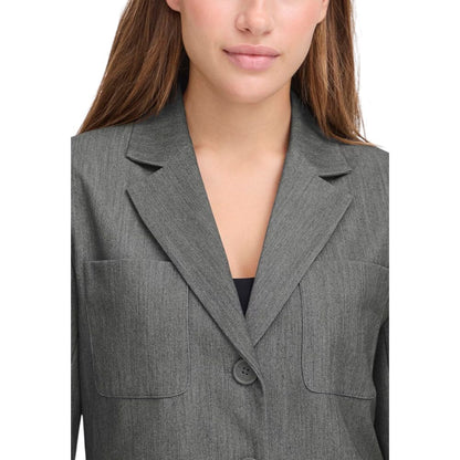 Blazer by ICHI for women in stretch polyester & viscose gray showcases a discerning silhouette, elegantly detailed with a sophisticated lapel neckline and premium for a truly discerning finish.