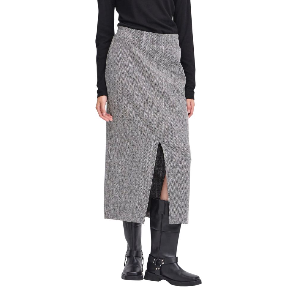 Skirt by ICHI for women in stretch polyester & viscose black & white features a sublime silhouette, showcasing the sublime design of the Women's Midi Long Straight Stretch Polyester & Viscose Skirt in a sophisticated midi long.