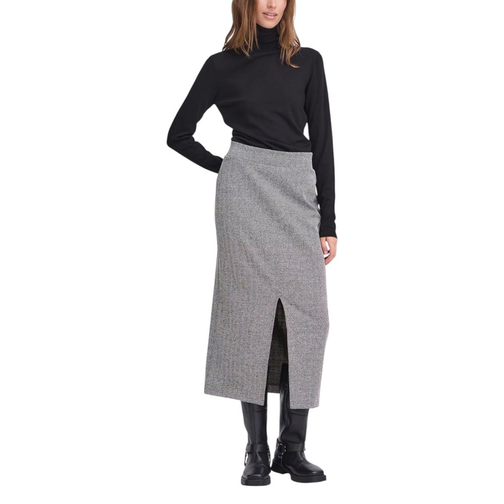 Skirt by ICHI for women in stretch polyester & viscose black & white features a contoured silhouette from the Women's Midi Long Straight Stretch Polyester & Viscose Skirt collection, characterized by its contoured midi long for a contoured finish.