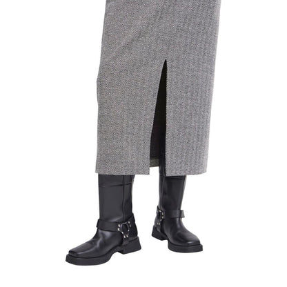 Skirt by ICHI for women in stretch polyester & viscose black & white features an tailored silhouette, artfully capturing the essence of Women's Midi Long Straight Stretch Polyester & Viscose Skirt in a sophisticated midi long.