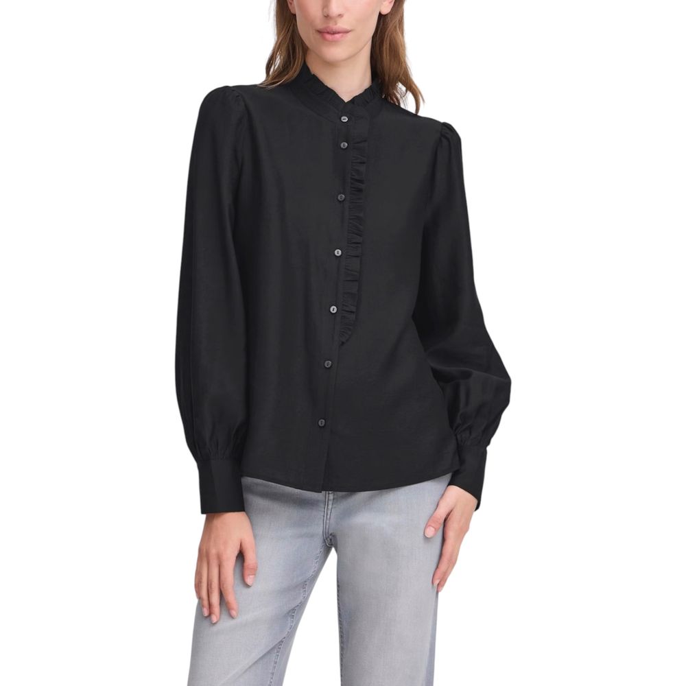 Shirt by ICHI for women in polyester & viscose black presents a discerning silhouette, showcasing a sophisticated mandarin neckline and long-sleeve for a truly discerning finish.