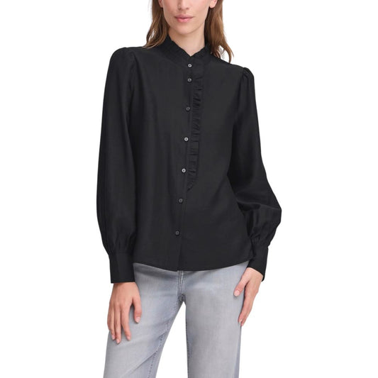 Shirt by ICHI for women in polyester & viscose black presents a discerning silhouette, showcasing a sophisticated mandarin neckline and long-sleeve for a truly discerning finish.