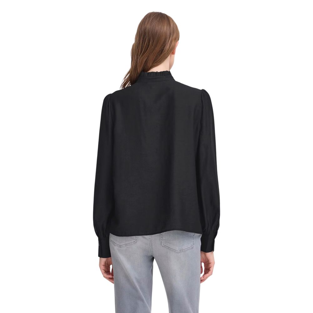 Shirt by ICHI for women in polyester & viscose black features an polished silhouette, showcasing a sophisticated mandarin neckline and detail for a truly polished finish.