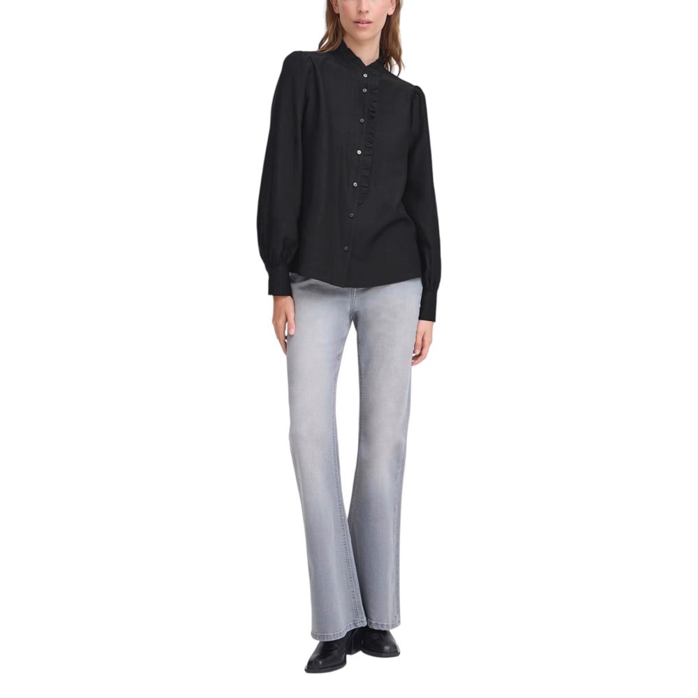 Shirt by ICHI for women in polyester & viscose black showcases a sharp silhouette, elegantly detailed with a sharp and sharp .