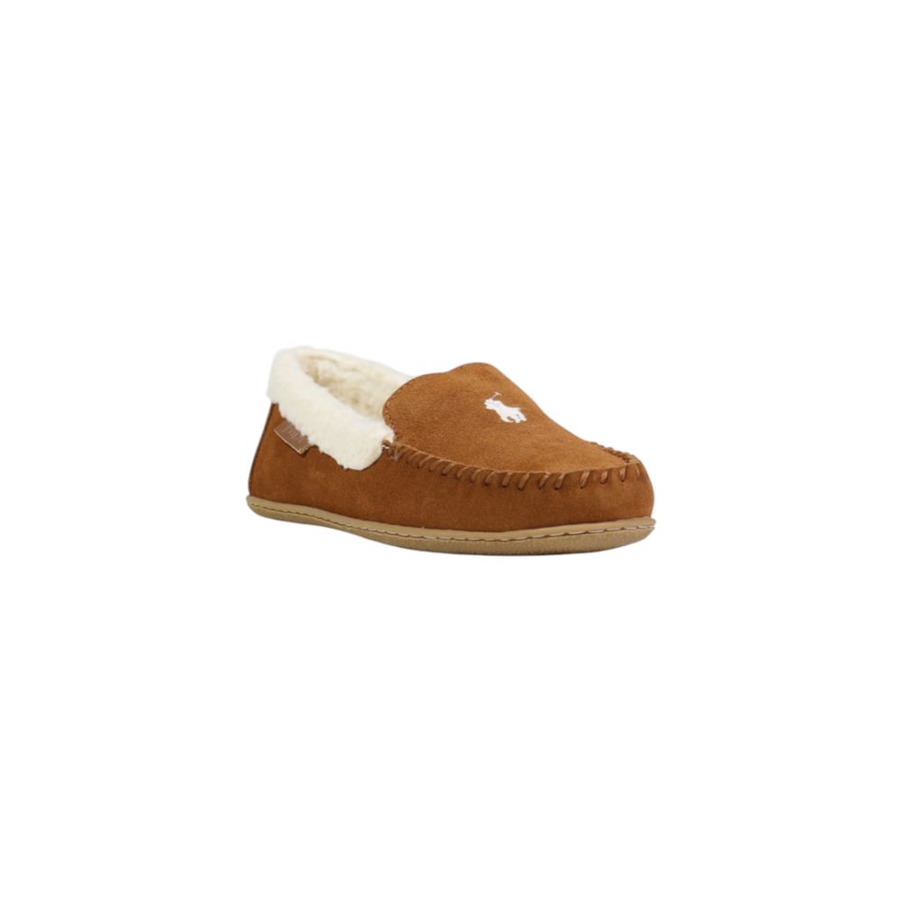 Moccasin Slippers by Ralph Lauren for women in suede leather & faux fur and brown presents a sculptural silhouette as Women's Suede Leather & Faux Fur Moccasin Slippers, featuring a sculptural and a sculptural for refined comfort.