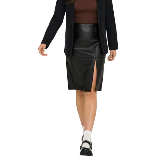 Skirt by Only for women in polyester faux leather black features an tailored silhouette, artfully capturing the essence of Women's Midi Long Polyester Faux Leather Skirt in a sophisticated midi long.