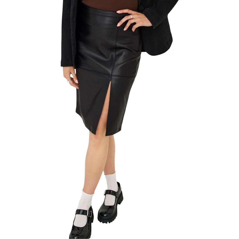 Skirt by Only for women in polyester faux leather black showcases a dramatic silhouette, artfully capturing the essence of the Women's Midi Long Polyester Faux Leather Skirt in a dramatic midi long cut for a refined look.