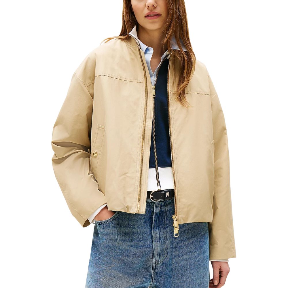 Bomber Jacket by Tommy Hilfiger for women in cotton & nylon beige & gold features an on trend silhouette, showcasing refined pockets and a sophisticated for a truly on trend finish.