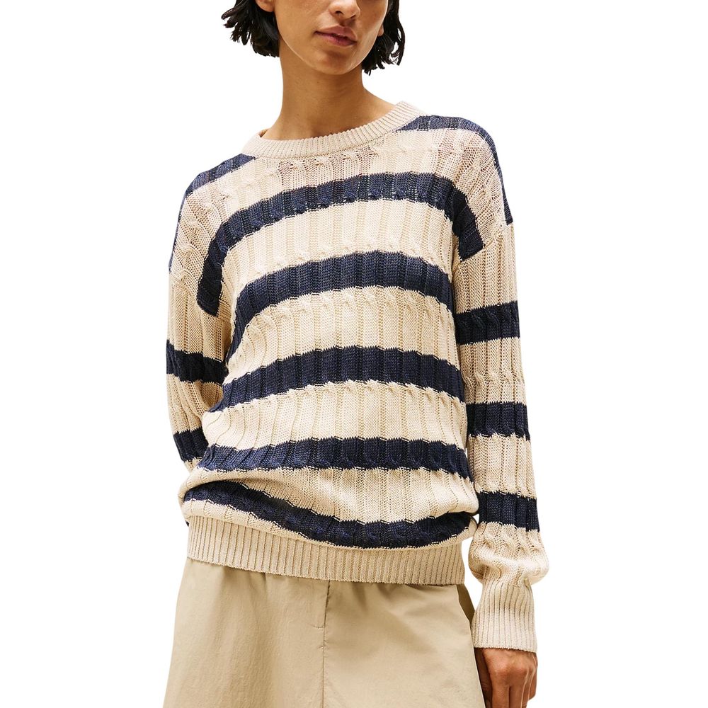 Sweatshirt by Tommy Hilfiger for women in linen & polyamide beige, natural & striped features an provocated silhouette, detailed with a provocated and a refined crew neckline for a sophisticated aesthetic.