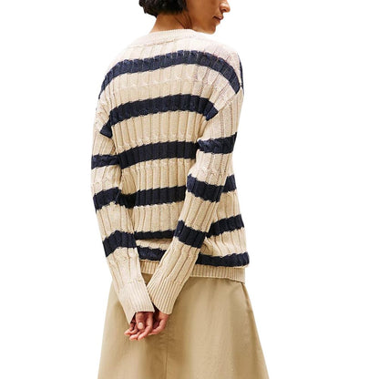 Sweatshirt by Tommy Hilfiger for women in linen & polyamide beige, natural & striped showcases a slouchy chic silhouette, artfully detailed with a slouchy chic crew neckline and for a slouchy chic finish.