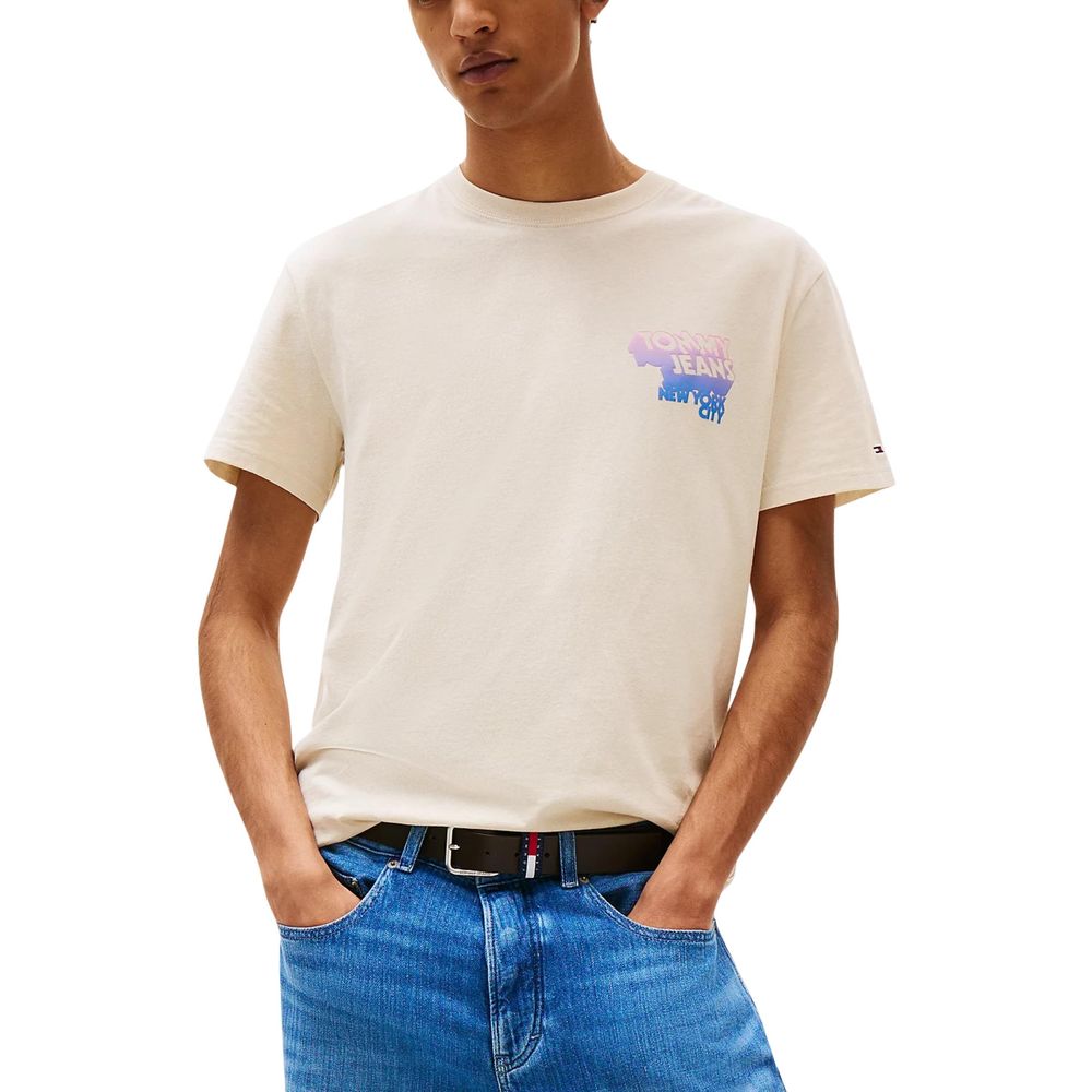 T-Shirt by Tommy Hilfiger Jeans for men in cotton beige showcases a fashionable silhouette, elegantly detailed with a fashionable and crew neckline for a sophisticated, high-fashion look.