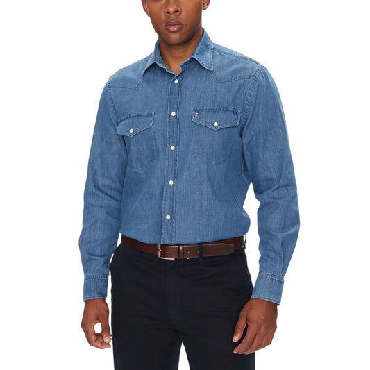 Shirt by Tommy Hilfiger for men in denim cotton light-blue features an architectural silhouette with a refined long-sleeve and elegant for a architectural look.