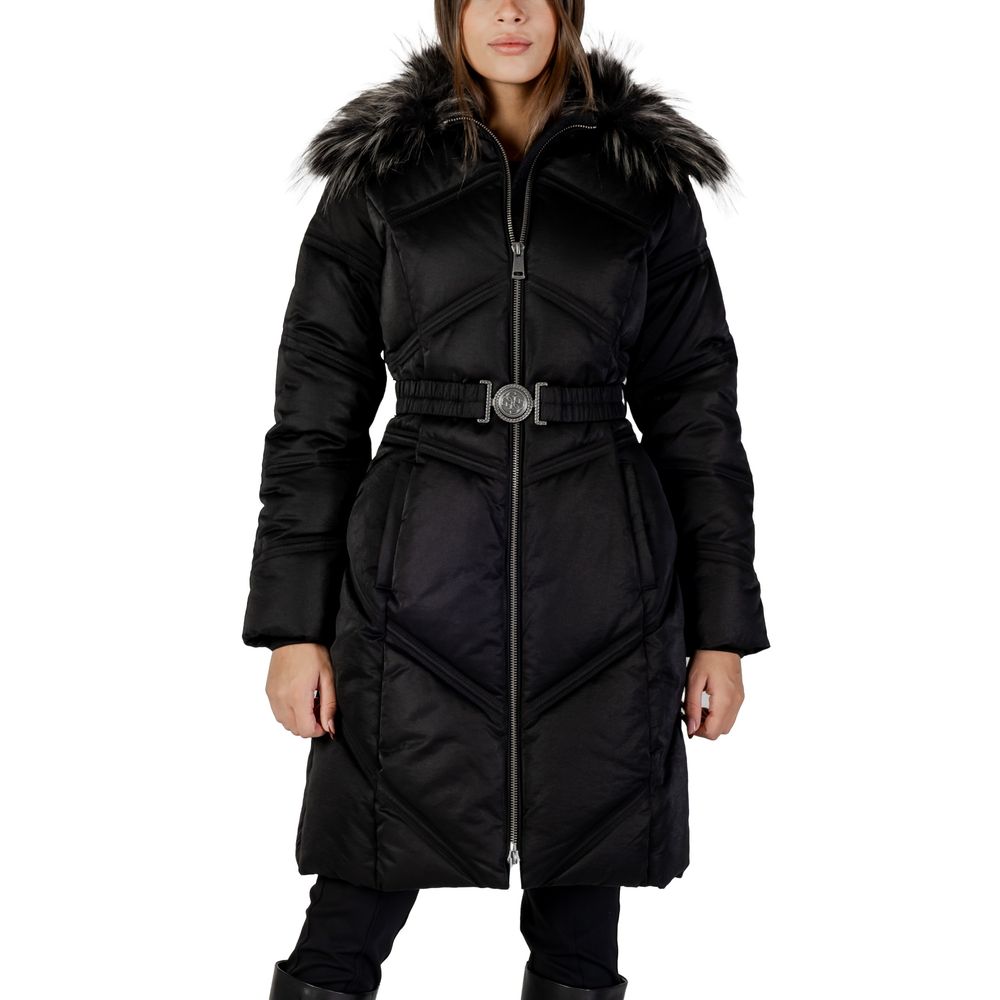Hooded Overcoat by Guess for women in cotton & faux fur black showcases a enveloping silhouette, detailed with distinctive pockets, hooded & insulated and a enveloping hooded neckline.