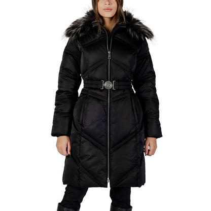 Hooded Overcoat by Guess for women in cotton & faux fur black showcases a enveloping silhouette, detailed with distinctive pockets, hooded & insulated and a enveloping hooded neckline.