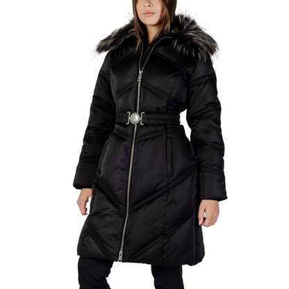 Hooded Overcoat by Guess for women in cotton & faux fur black features an satoral silhouette, showcasing a sophisticated hooded neckline and satoral pockets, hooded & insulated for a premium, timeless look.