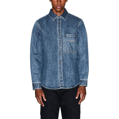 Shirt by Armani Exchange for men in stretch denim cotton blue showcases a sharp silhouette, elegantly detailed with a sharp round neckline and sharp long-sleeve.