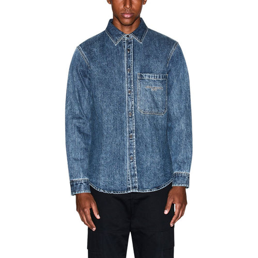 Shirt by Armani Exchange for men in stretch denim cotton blue showcases a sharp silhouette, elegantly detailed with a sharp round neckline and sharp long-sleeve.