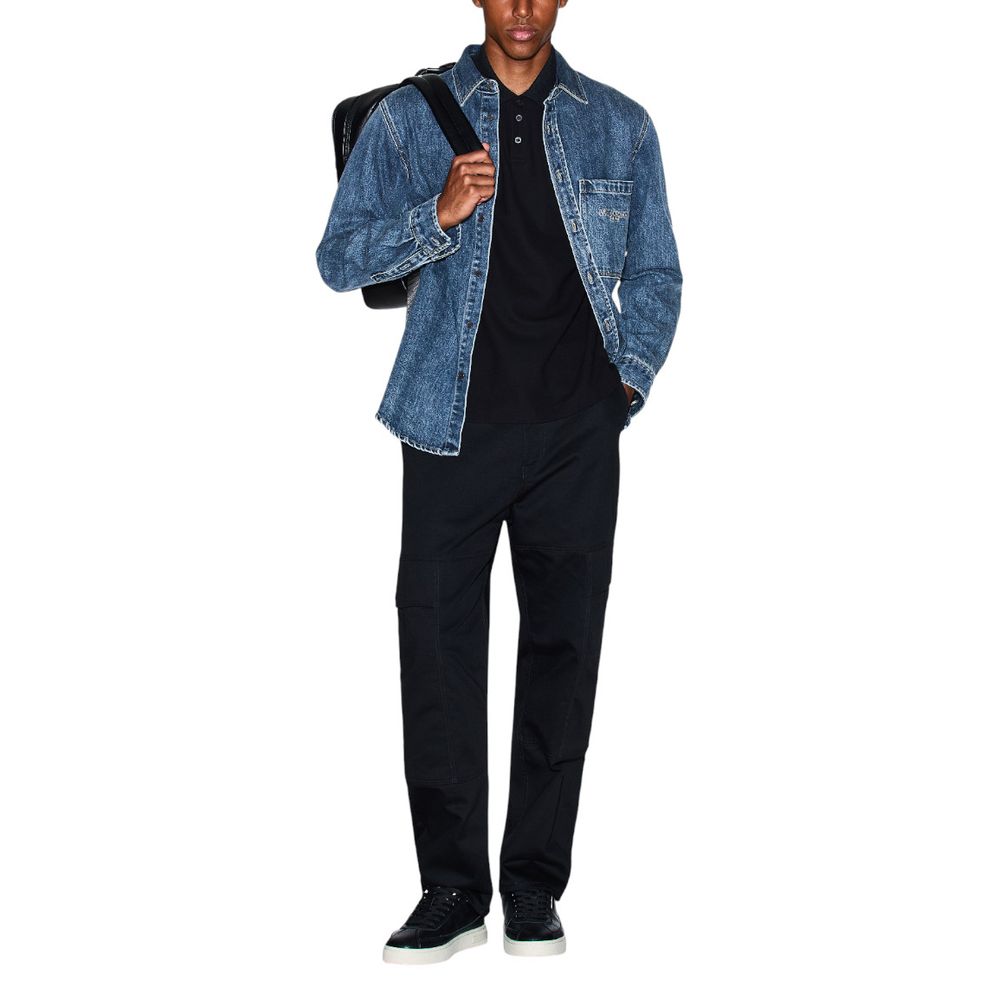 Shirt by Armani Exchange for men in stretch denim cotton blue features an architectural silhouette with a refined and elegant round neckline for a architectural look.