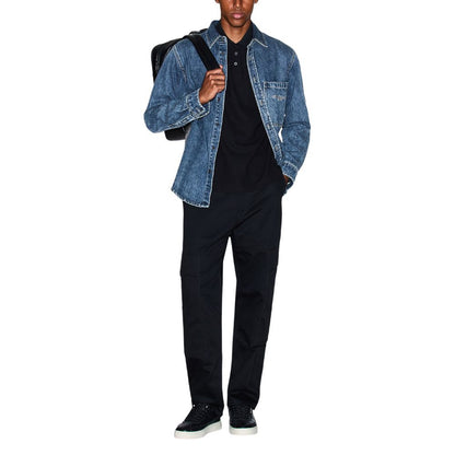 Shirt by Armani Exchange for men in stretch denim cotton blue features an architectural silhouette with a refined and elegant round neckline for a architectural look.