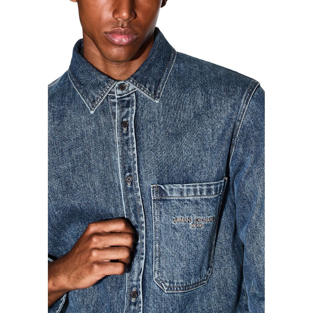 Shirt by Armani Exchange for men in stretch denim cotton blue showcases a sleek silhouette, elegantly detailed with a sleek round neckline and for a sleek finish.