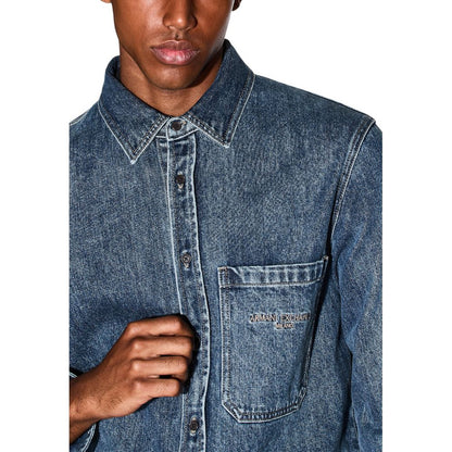 Shirt by Armani Exchange for men in stretch denim cotton blue showcases a sleek silhouette, elegantly detailed with a sleek round neckline and for a sleek finish.
