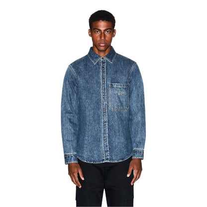 Shirt by Armani Exchange for men in stretch denim cotton blue showcases a sharp silhouette, elegantly detailed with a sharp and sharp .