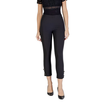Trousers by Rinascimento for women in stretch polyester black features a artisanal silhouette, showcasing a sophisticated cigarette with a long and high rise for a artisanal finish.