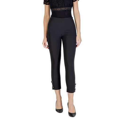 Trousers by Rinascimento for women in stretch polyester black features a artisanal silhouette, showcasing a sophisticated cigarette with a long and high rise for a artisanal finish.