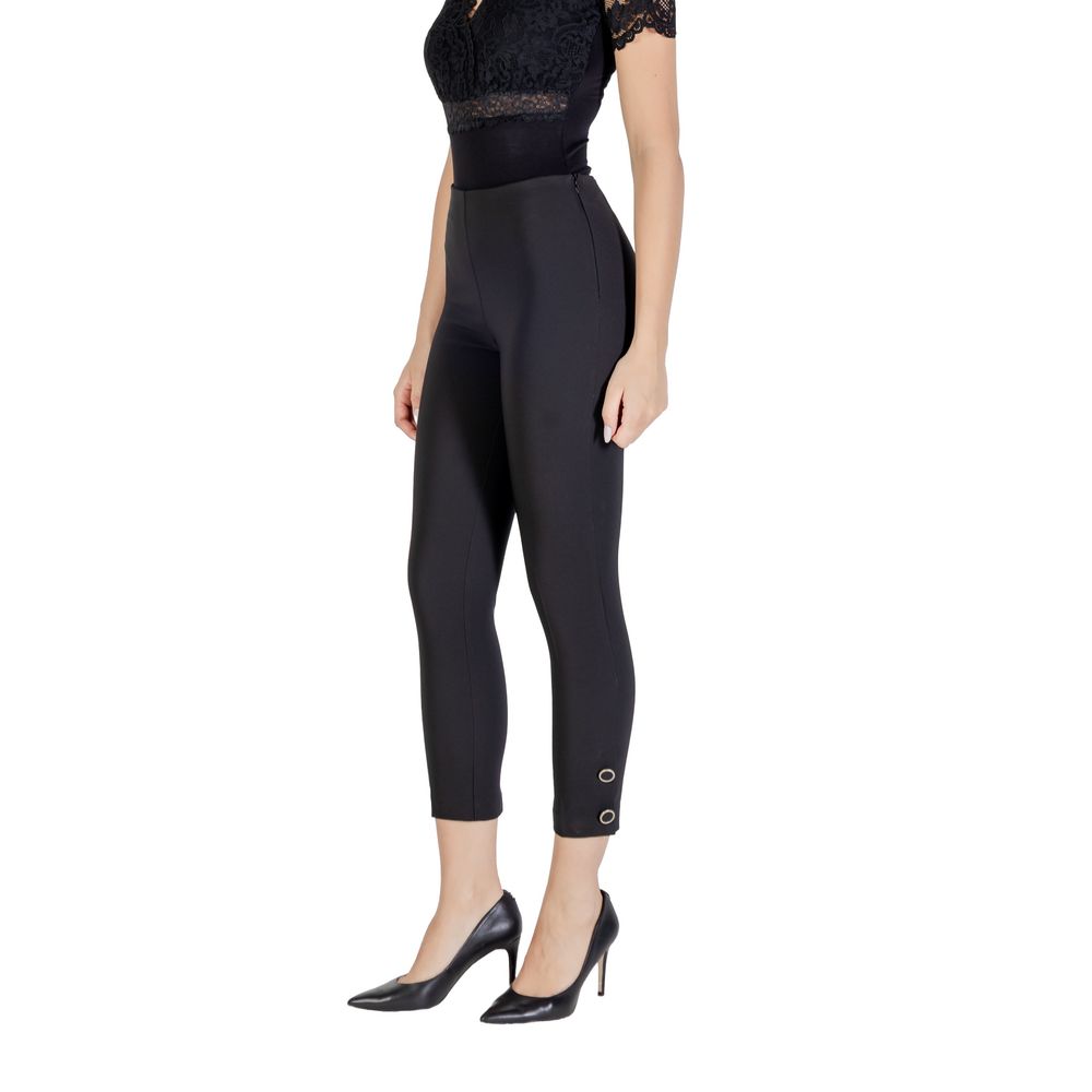 Trousers by Rinascimento for women in stretch polyester black features an sartorial silhouette, showcasing a precise cigarette and long with a sartorial high rise for a refined look.