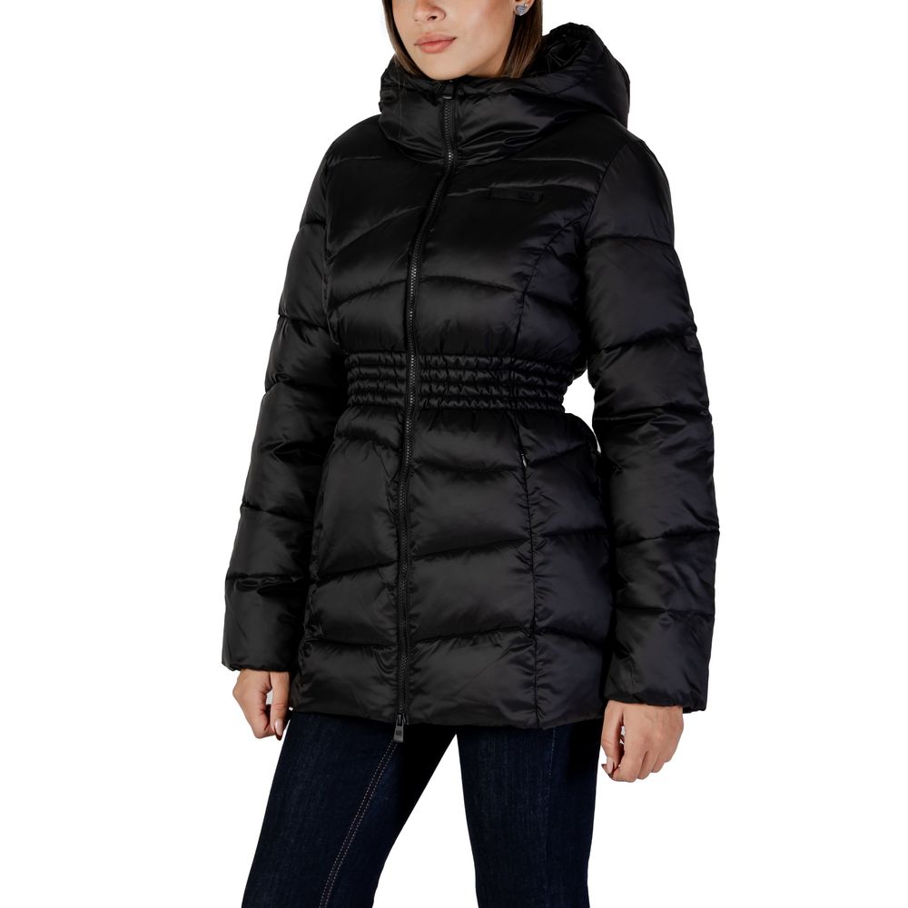 Hooded Bomber Jacket by EA7 Emporio Armani for women in polyamide black features a dramatic silhouette, showcasing a sophisticated hooded neckline and distinctive lightweight, hooded & insulated for a dramatic aesthetic.