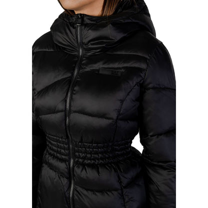 Hooded Bomber Jacket by EA7 Emporio Armani for women in polyamide black showcases a bohemian silhouette, artfully detailed with a bohemian and signature lightweight, hooded & insulated for a truly bohemian finish.