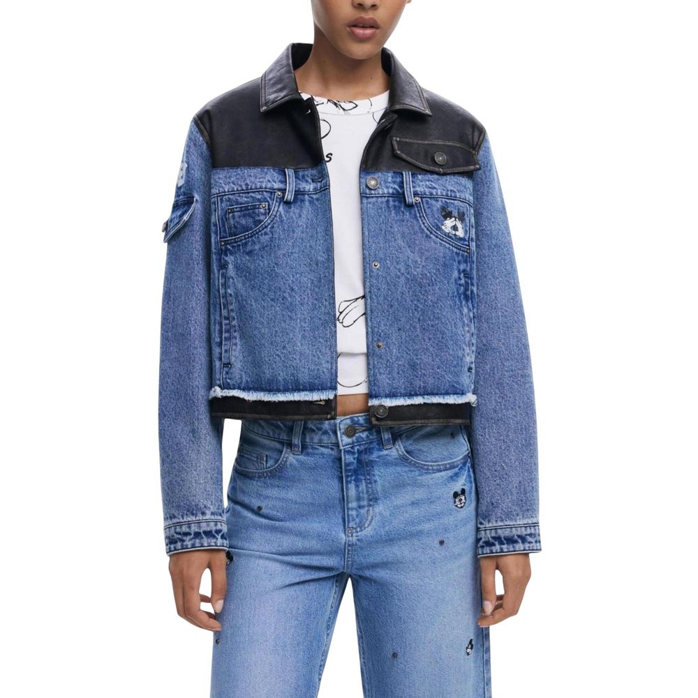 Jacket by Desigual for women in stretch denim cotton & faux leather blue showcases a enveloping silhouette, artfully detailed with a enveloping and premium pockets for a truly enveloping finish.
