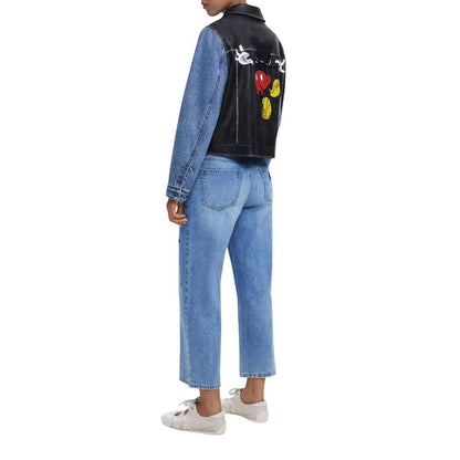 Jacket by Desigual for women in stretch denim cotton & faux leather blue presents a impeccable silhouette, showcasing distinct pockets and a impeccable for a sophisticated finish.