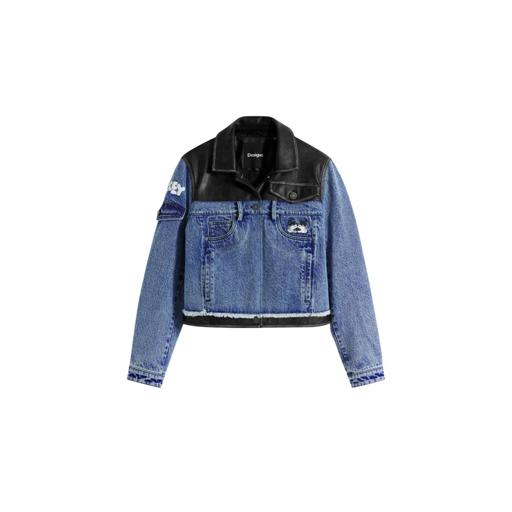 Jacket by Desigual for women in stretch denim cotton & faux leather blue presents a authentic silhouette, artfully detailed with a authentic and functional pockets for a premium authentic finish.