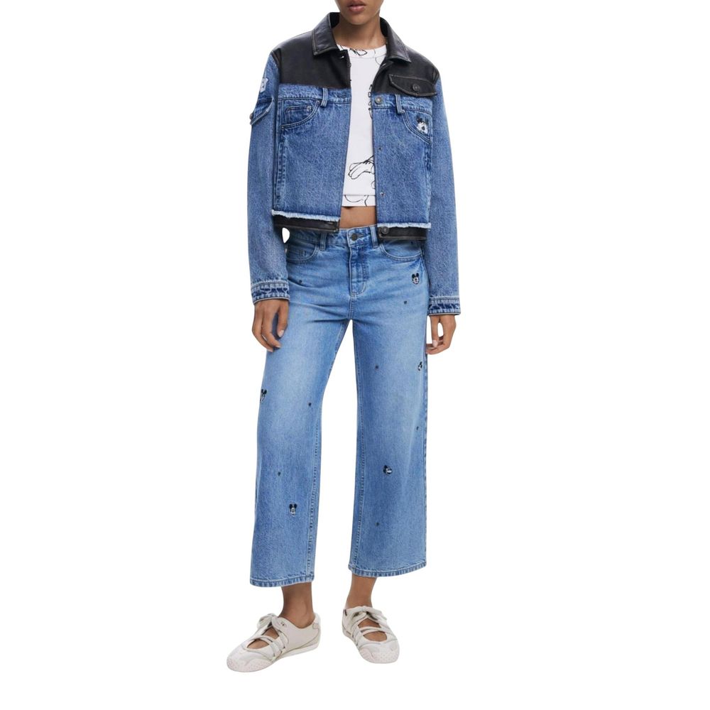 Jacket by Desigual for women in stretch denim cotton & faux leather blue showcases a contemporary silhouette, detailed with a contemporary and premium pockets for a sophisticated finish.
