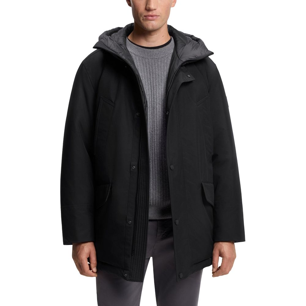 Hooded Trench Coat by Hugo Boss for men in polyester black presents a distinguished silhouette, artfully detailed with pockets & hooded and a distinguished hooded neckline for a sophisticated, distinguished finish.