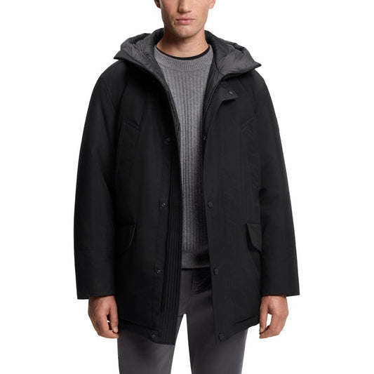 Hooded Trench Coat by Hugo Boss for men in polyester black presents a distinguished silhouette, artfully detailed with pockets & hooded and a distinguished hooded neckline for a sophisticated, distinguished finish.
