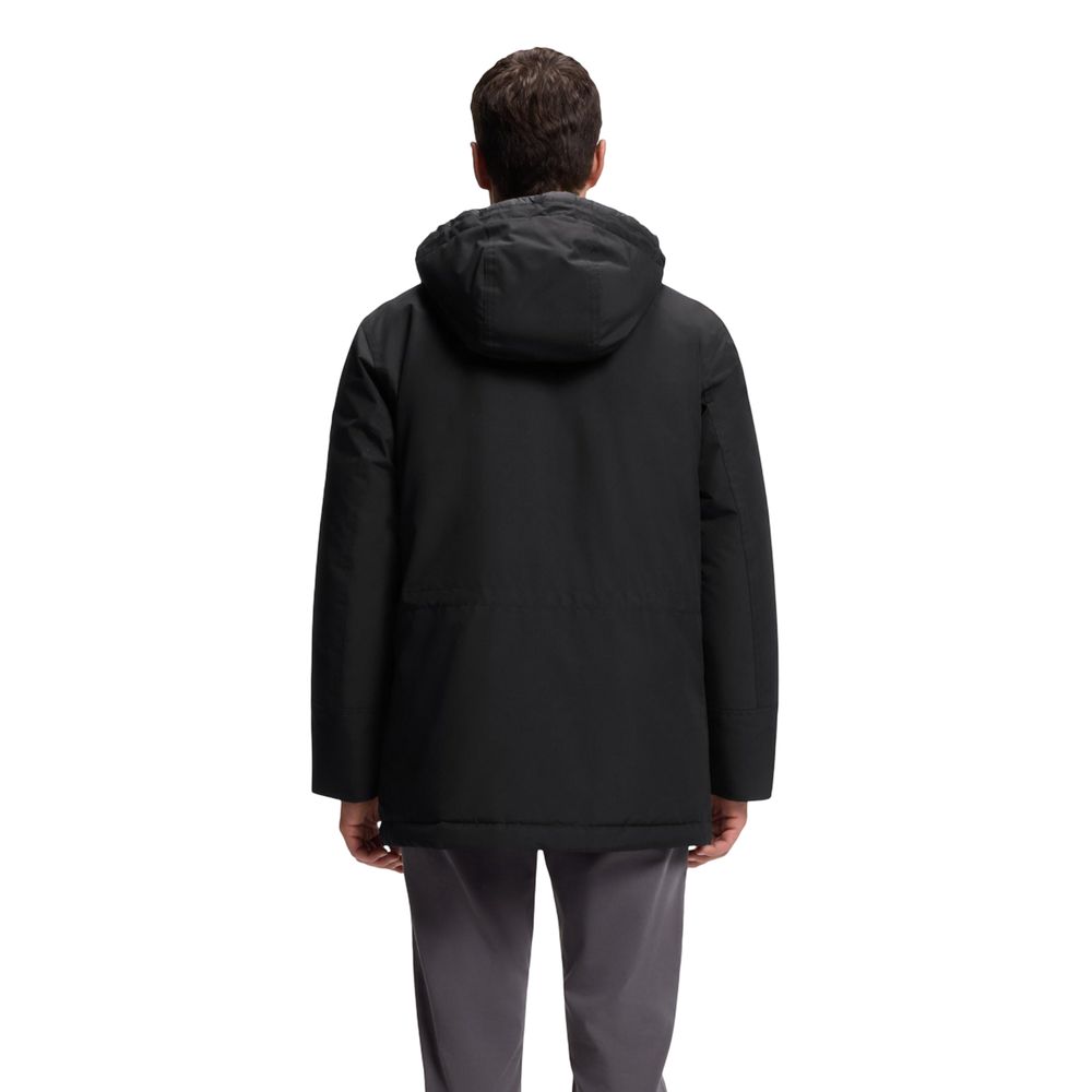 Hooded Trench Coat by Hugo Boss for men in polyester black features an dramatic silhouette, perfectly showcasing the elegant hooded neckline and sophisticated pockets & hooded for a truly dramatic aesthetic.